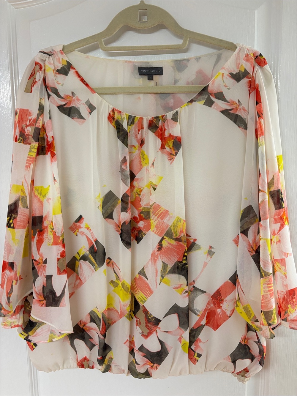 Vince Camuto Cream Off-Shoulder Floral Blouse with Coral and Yellow Accents